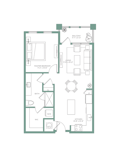 Floor plan for 1 bed, 1 bath, 790 sqft